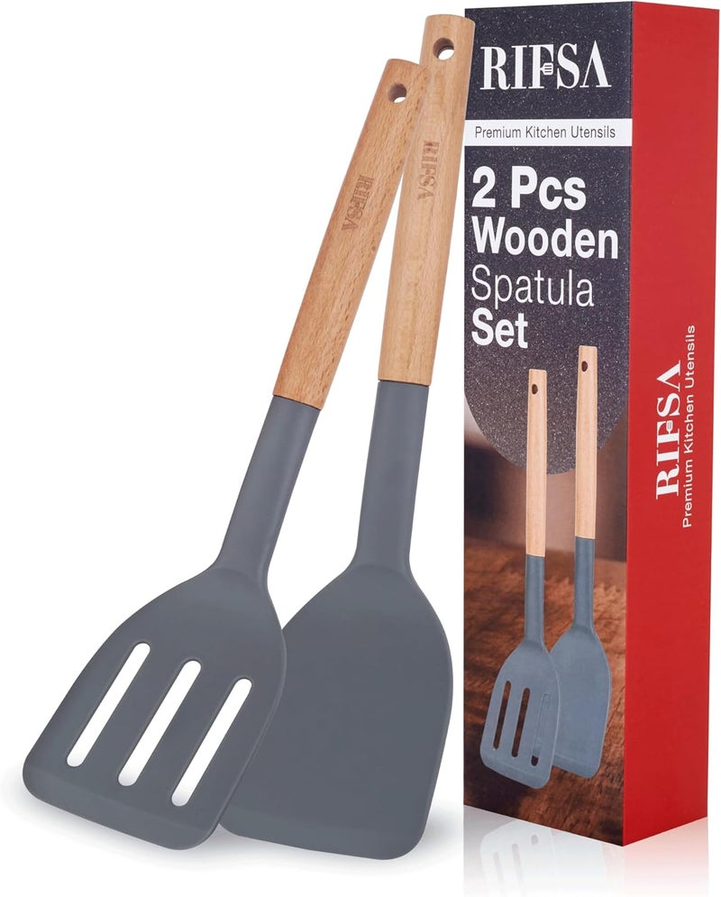 Rifsa Pack of 2 Silicone Spatula, Non Stick Slotted Spatulas with Wooden Handle, Ideal Wood Kitchen Utensils Set for Frying, Baking, Flipping & Turning, Heat Resistant Silicone Turner for Non Stick Cookware - Image 1